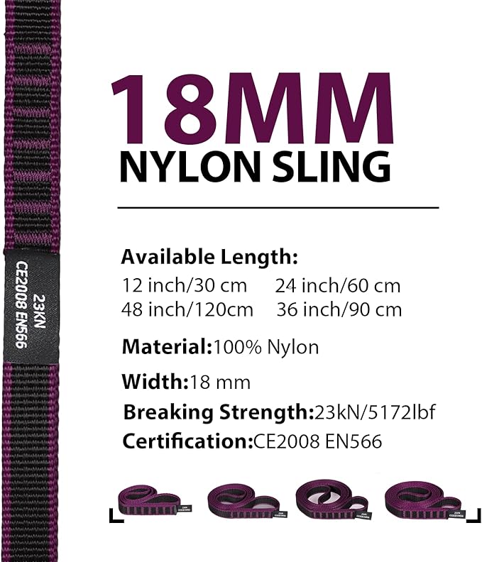 18mm Nylon Climbing Sling Runner 23KN CE2008/EN566 Certified - Webbing Straps for Outdoor Rock Climbing, Rappelling, Swing, Yoga Hammock etc
