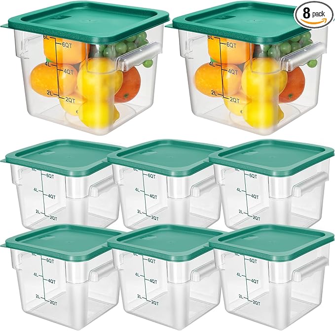 Lallisa 8 Pack 6 Qt Commercial Food Storage Containers with Lids Square Food Storage Container Clear Cereal Storage Containers for Kitchen Freezer Pantry Restaurant Flour Sugar(Green Lids)