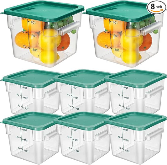 Lallisa 8 Pack 6 Qt Commercial Food Storage Containers with Lids Square Food Storage Container Clear Cereal Storage Containers for Kitchen Freezer Pantry Restaurant Flour Sugar(Green Lids)