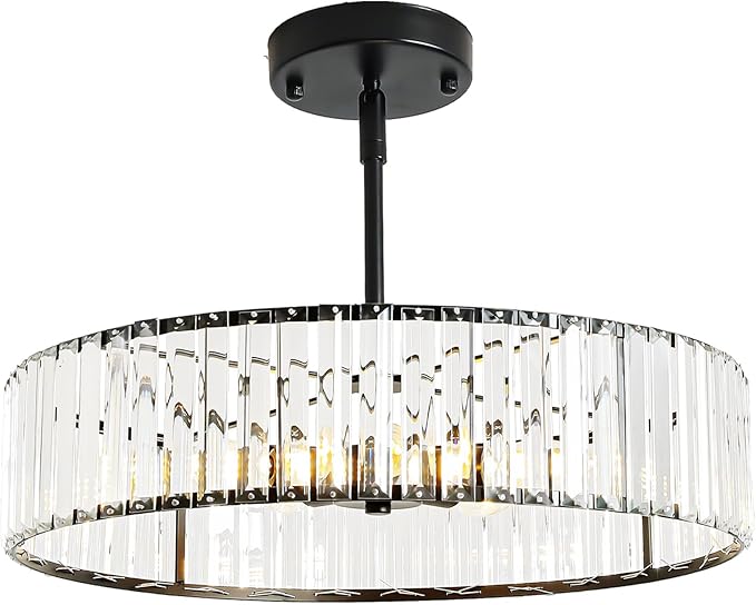 Modern Black Crystal Chandelier for Dining Room,5-Light Semi Flush Mount Ceiling Light Fixtures,20in Bedroom Fixture, Round Kitchen Hanging Drum Pendant Lights for Living Room Foyer
