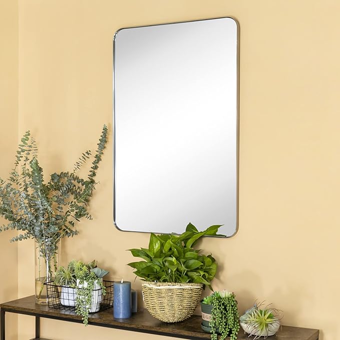 GRACTO 20x30 inch Brushed Nickel Stainless Steel Metal Framed Bathroom Mirror for Wall Mounted Rounded Rectangular Bathroom Vanity Mirror