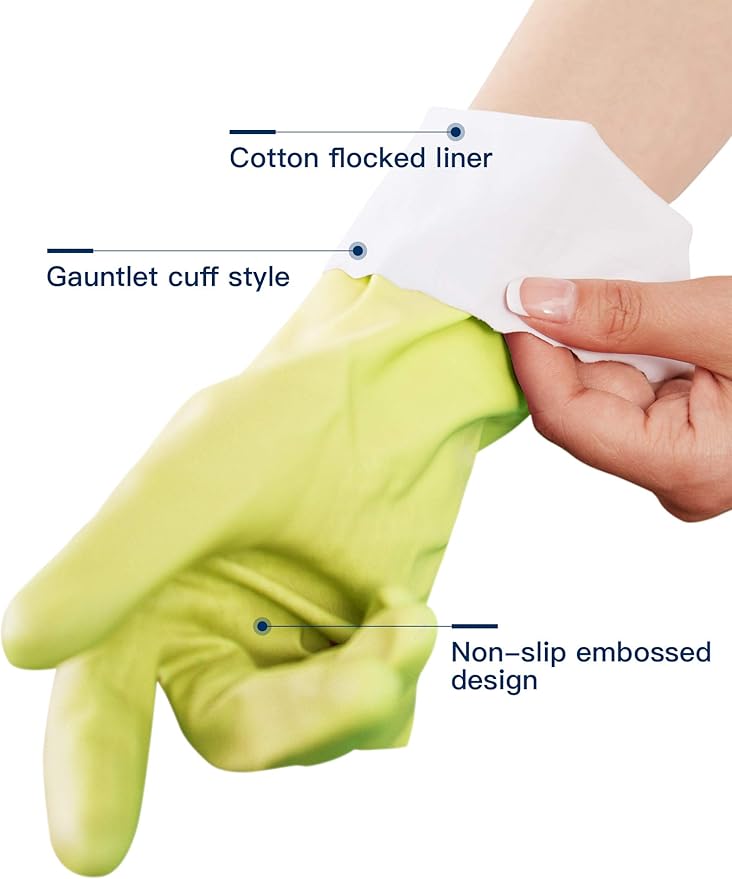 LANON 3 Pairs wahoo Skin-Friendly Cleaning Gloves, Dishwashing Kitchen Gloves with Cotton Flocked Liner, Reusable, Non-Slip, Bud Tender, Large