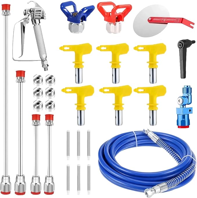 22PCS Airless Paint Sprayer Gun Kit, 3600 PSI Spray Gun with 32FT Hose,6 Reversible Tips (211/313/415/515/517/623), 4 Extension Rods, 2 Nozzle Seats, 6 Filters& Guide Tool, Indoor/Outdoor
