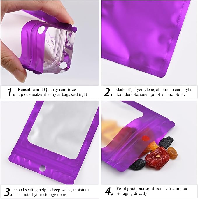 100 Pack Resealable Plastic Bags for Food Storage, Zipper Bags with Clear Front Window, Packaging Pouch for Small Business (Purple, 5.5x7.9 inch)