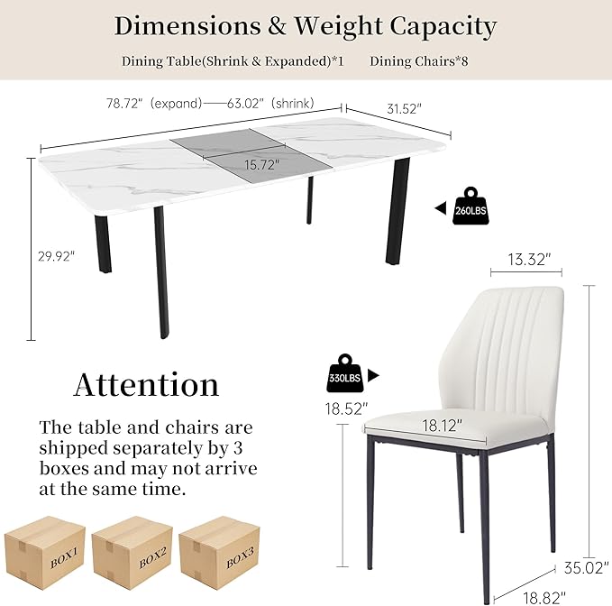 Extendable Dining Table Set for 6-8 People, 63 to 78.7 Inch MDF Kitchen Table with 8 Faux Leather Dining Chairs, Space-Saving for Dining Room, Breakfast Nook (White Table & 8 White Chairs)