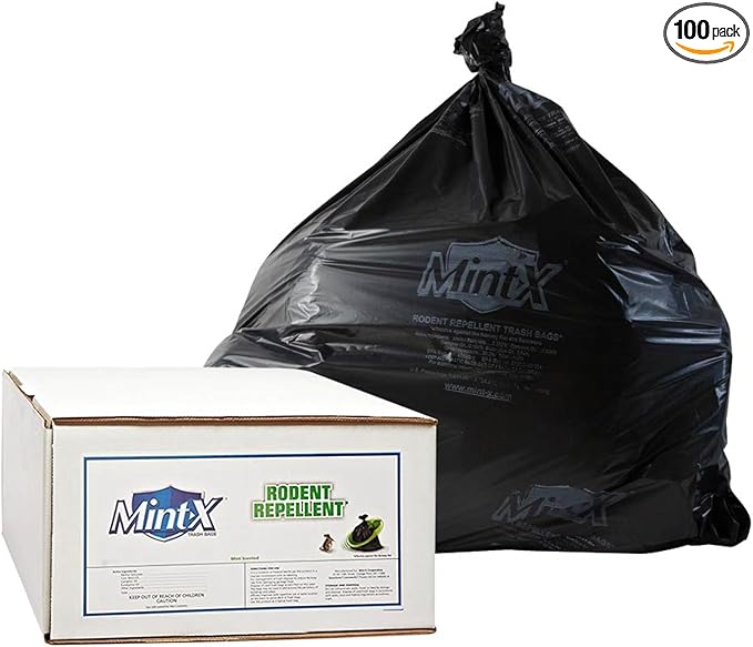 Mint-X Rodent Repellent Trash Bags, 1.3 Mil, Flat Seal, 47" Height x 43" Length, Black (Pack of 100)