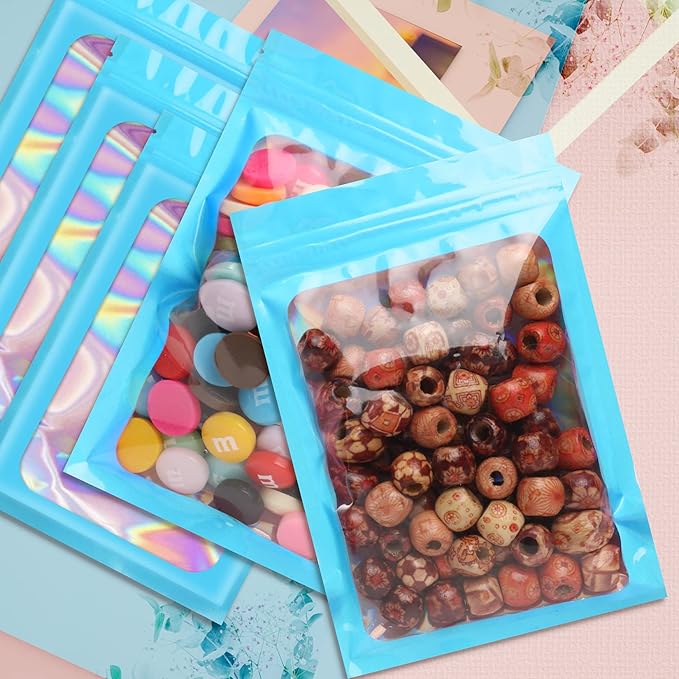Funfery 100 pcs Smell Proof Mylar Holographic Bags Packaging Bags, Clear Seal Resealable Odor Proof Bag Foil Pouch Zipper Bag for Food Storage and Lipgloss,Jewelry,Eyelash Packaging(Blue,4x6In)