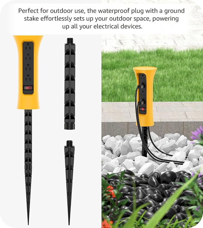 CCCEI Outdoor Power Strip Weatherproof with Stake, Waterproof Extension Cord with Multiple Outlets, Christmas Exterior Garden Decor, Yard, Camping, 4 Plugs, Surge Protector 10FT, Yellow.