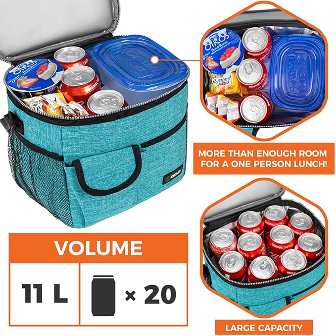opux Insulated Lunch Bag for Men Women, Leakproof Sea Blue Lunch Box for Work, Portable Soft Lunch Cooler Bag with Shoulder Strap, Adult Lunchbox Lunch Pail for Kid Boy Girl School, 18 Can/10L