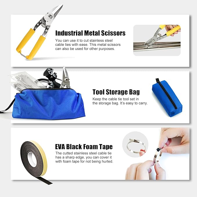 Stainless Steel Cable Tie Tool Kit with 200PCS Self-Locking Metal Wire Ties (7.9" & 11.8") - For Fencing, Cable Bundling, Exhaust Repair, and Structural Reinforcement.