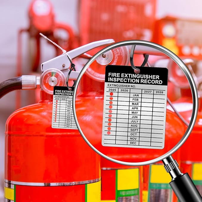25 Sets Metal Inspection Tags Safety Inspection Tags Fire Extinguisher Inspection Sticker 2.2X3inch Fire Extinguisher Inspection Record Tag 2025-2028 with Handheld Hole Puncher for Indoor Outdoor (25)