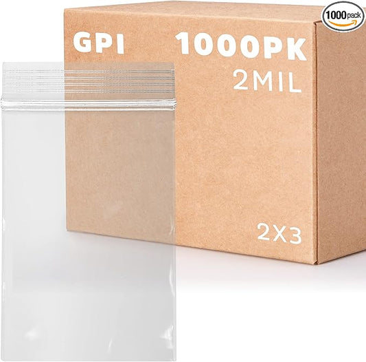 GPI - 1000 Count, 2" x 3" Clear Plastic Resealable Zip Bags, Bulk 2 Mil, Strong & Durable Poly Baggies with Resealable Zip Top Lock for Travel, Storage, Packaging & Shipping