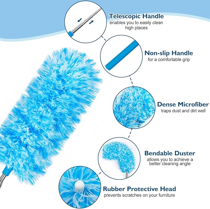 MAVRIZ 12 pcs Microfiber Feather Duster with Extendable Pole, Washable & Reusable Duster for Cleaning Dusters for Blinds, Electronics, and Furniture