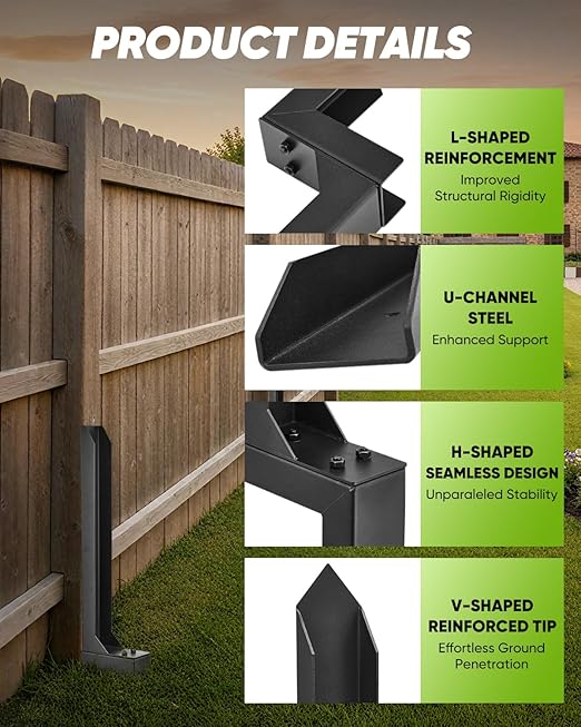 Saker Fence Post Repair Kit, Heavy Duty Support for Leaning/Broken 4x4 & 6x6 Wood Posts, Includes Steel Anchor & Stakes, 11-Gauge Thickened Metal, 2-Pack