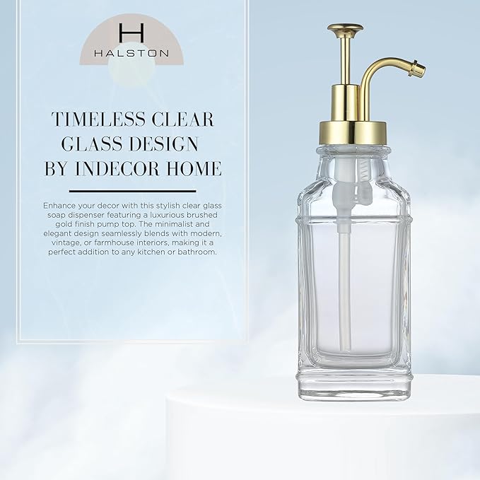 Clear Glass Soap Dispenser with Brushed Gold Finish Pump, Modern Refillable Pump for Bathroom, Kitchen, or Office, Elegant Accent Piece for Interior Decoration