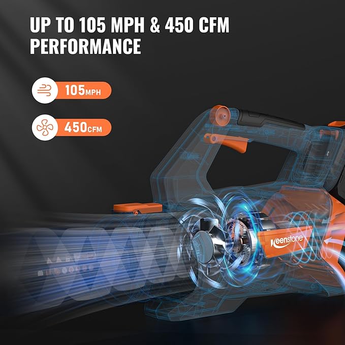 Keenstone Leaf Blower, 20V Cordless Leaf Blower Max 450-CFM 105-MPH with 4.0Ah Battery and Fast Charger, Stepless Speed Control, Lightweight Electric Leaf Blower for Patio, Lawn, Yard Cleaning