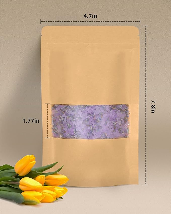 50pcs Kraft Bags with Window 4.7x7.8 Inches Brown Reusable Sealable Zip Lock Food Storage Stand up Paper Pouches for Home or Business