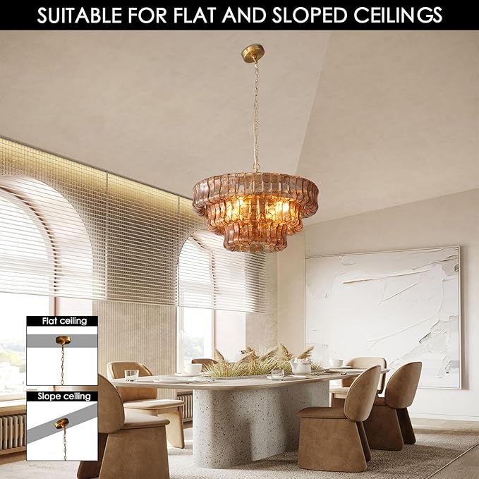 Modern Amber Glass Chandelier，23" Gold Round Chandelier for Dining Room, 4-Light Round Drum Kitchen Island Hanging Light Fixture Perfect for Living Room, Bedroom,Kitchen, Foyer