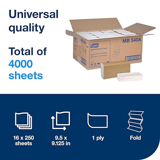 Tork Multifold Hand Towel White H2, Universal, 100% Recycled Fibers, 16 x 250 Towels, MB540A
