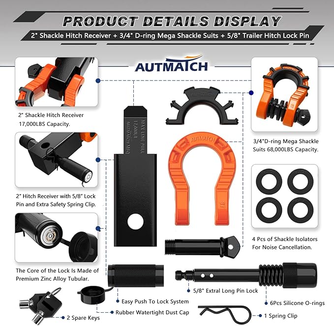 AUTMATCH Shackle Hitch Receiver 2" with 3/4" Mega D Ring Shackle and 5/8" Trailer Hitch Lock Pin, 68,000 Lbs Break Strength Heavy Duty Receiver Towing Kit for Off-Road Vehicle Recovery, Orange & Black