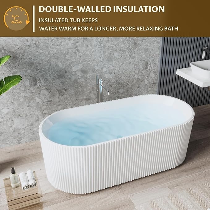 Acrylic Freestanding Bathtub, Deep Soaking Tub with Non-Slip Base, CUPC Certified Free Standing Tub, Chrome Drain Bath Tub, Modern Tub for Bathrooms, White, 59Inch
