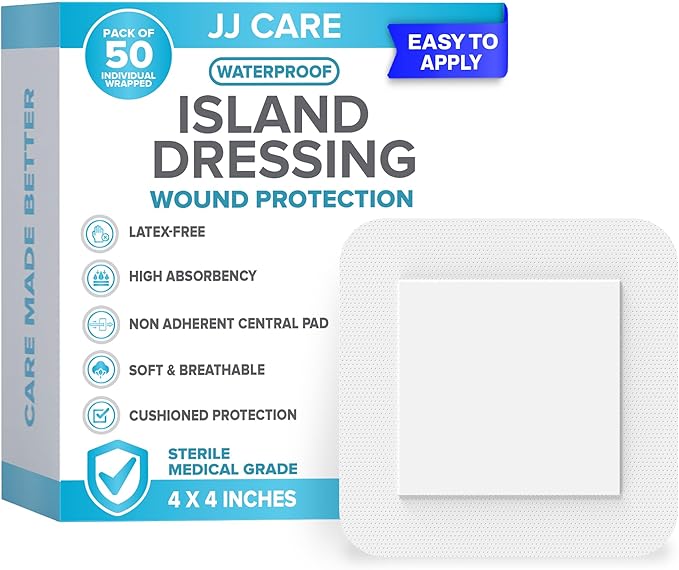 JJ CARE Waterproof Adhesive Island Dressing [Pack of 50], 4" x 4" Sterile Bordered Gauze, Breathable Island Wound Dressing, Individually Wrapped Adhesive Gauze Bandages with Non-Stick Central Pad