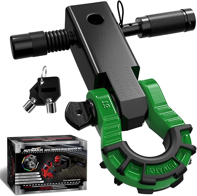 AUTMATCH Shackle Hitch Receiver 2" with 3/4" Mega D Ring Shackle and 5/8" Trailer Hitch Lock Pin, 68,000 Lbs Break Strength Heavy Duty Receiver Kit for Off-Road Vehicle Recovery, Black & Dark Green