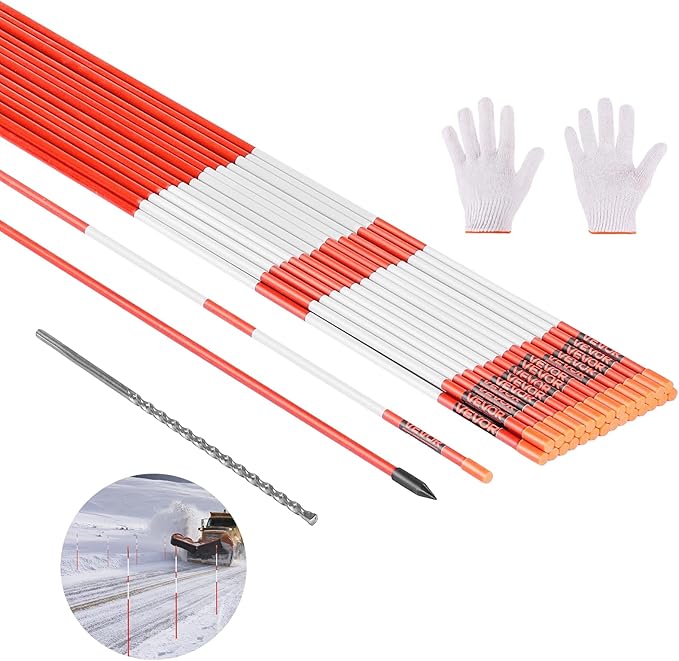 VEVOR Driveway Markers, 20Pcs 58 in Long 5/16 in Dia, Hi-Visibility Driveway Reflectors with 12 in Steel Drill Bits, Reflective Snow Sticks Fiberglass Pole for Parking Lots, Walkways, Snow Plowing