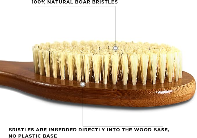 ICANdOIT-17.71Inch Natural Boar Bristles Anti-Slip Long Handle Bath Brush,Bent Handle Shower Scrubber for Exfoliating,Shower Back Brush,Exfoliation Set with Pumice Stone(2 Pack)