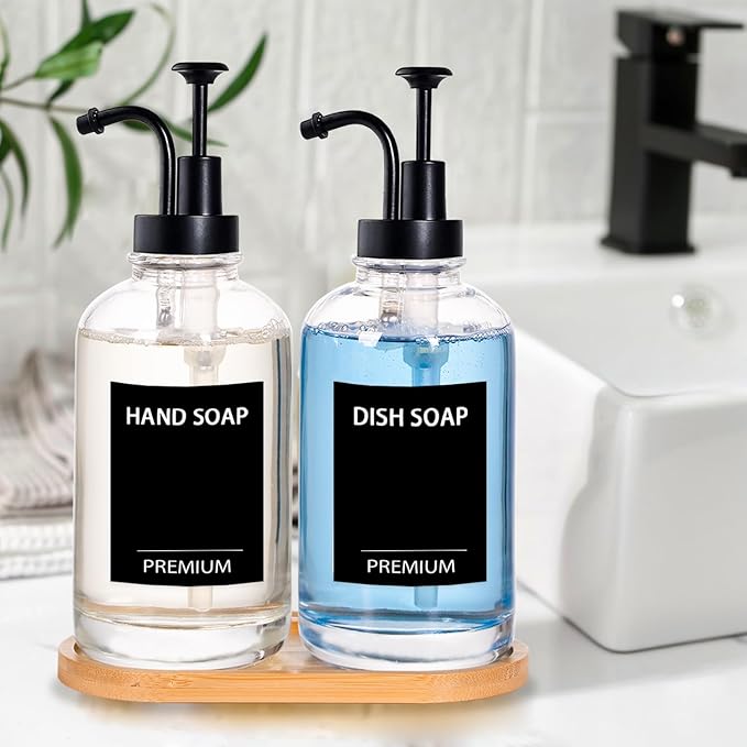 Dish Soap Dispenser for Kitchen, Hand Glass Soap Dispenser Set with Pump, Tray, Funnel for Bathroom, Shower, Laundry, Liquid, Lotion (Black 2 Pack 18 Oz Clear Bottles with 12 Stickers)