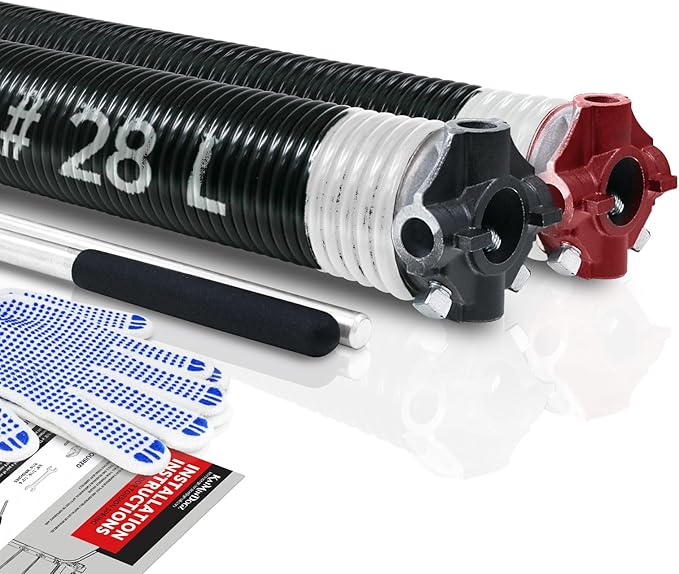 Pair of 2" Garage Door Torsion Springs Set with Non-Slip Winding Bar & Gloves,High Precision Electrophoresis Black Coated, for Replacement & Installation, MIN 16,000 Cycles (0.218x2''x28'')