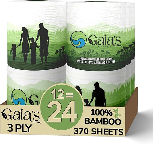 Gaias Premium and Soft Organic Bamboo Toilet Paper | 12 Mega Rolls, 3 Ply, 370 Sheets | FSC Certified, PFAS & BPA Free, Eco-Friendly, Sustainable Tissue - Plastic Free, Septic Safe, Vegan