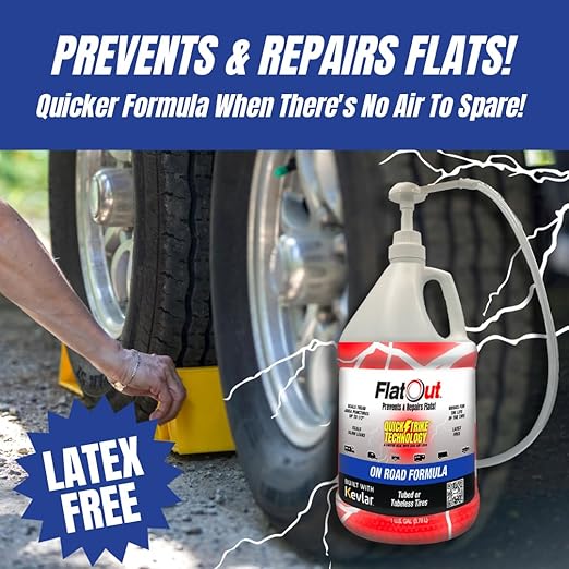 FlatOut QuickStrike On Road Tire Sealant - New Formula - Prevents Flat Tires - Seals Leaks - Contains Kevlar - Tubeless Tire Sealant - 1 Gallon + Tool