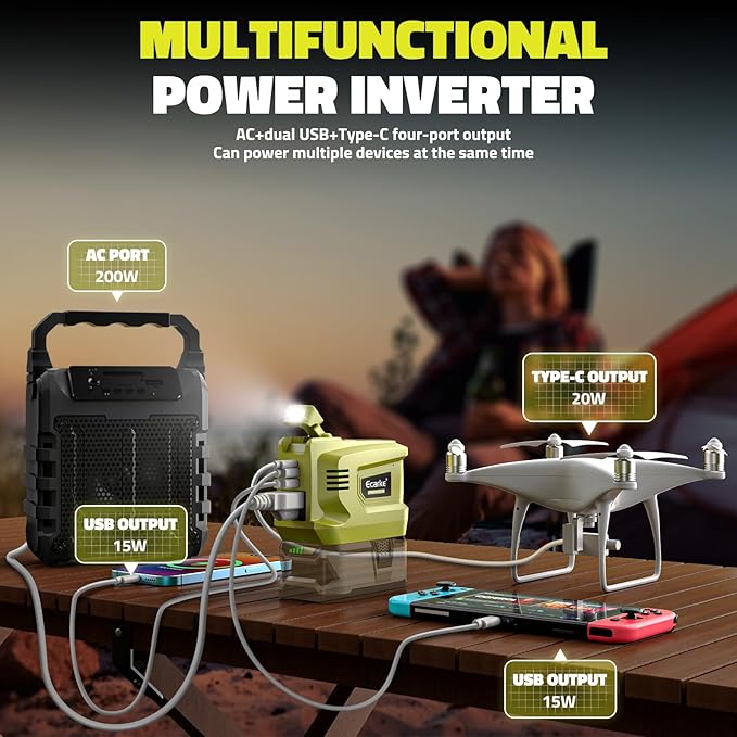 Portable Power Inverter Compatible with Ryobi,Ecarke Real 200W Outdoor Generato Battery Converter with 2 USB&LED&AC Powered Outlet,Convert DC 18V to AC 110V Portable Power Station(No Battery)