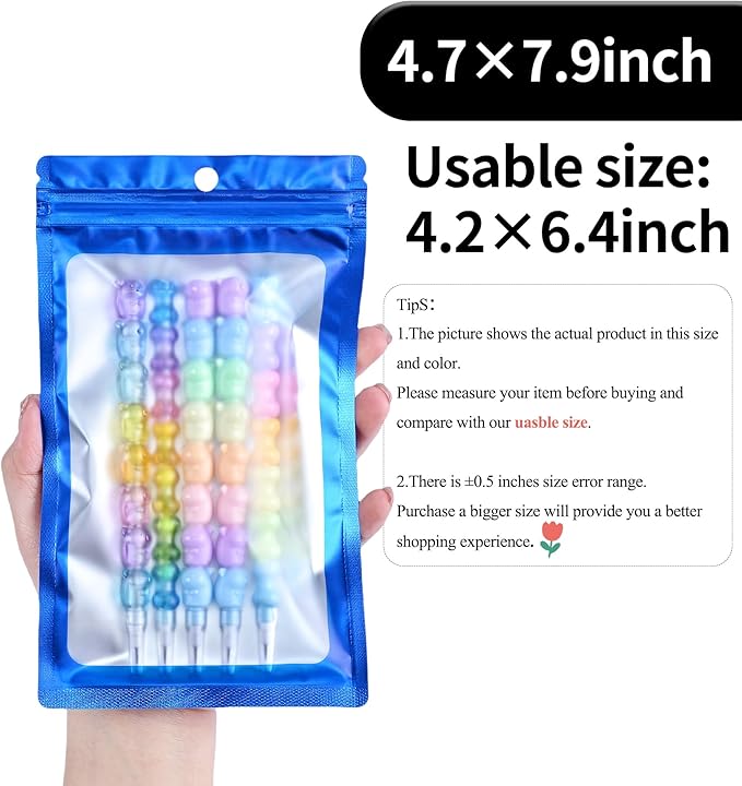 100 Pack Resealable Plastic Bags for Food Storage, Zipper Bags with Clear Front Window, Packaging Pouch for Small Business (Blue, 4.7x7.9 inch)