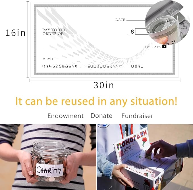 Giant Check | Big Check 30x16 Inch Reusable Award Plaque | Dry Erase Presentation Check for Ceremonial Events with 2 Black Markers