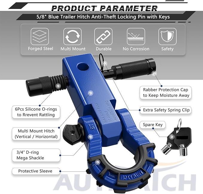 AUTMATCH Shackle Hitch Receiver 2" with 3/4" Mega D Ring Shackle and 5/8" Trailer Hitch Lock Pin, 68,000 Lbs Break Strength Heavy Duty Receiver Towing Kit for Off-Road Vehicle Recovery, Blue