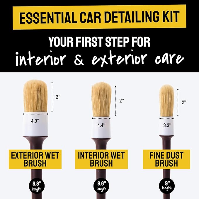 Soft Boar Hair Car Detailing Brush Set - Pack of Three, Brown - Versatile Use for Car Detailing Kit - Soft Bristles Cleaning Brush - Water-Resistant Handles
