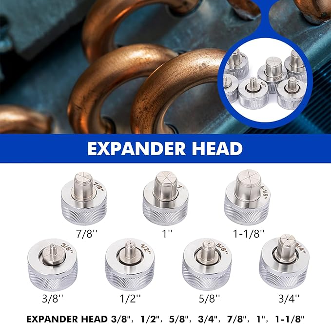HVAC Swaging Tool Kit – Hydraulic Tube Expander for Copper Pipes, Compact Swage Tool with Tube Cutter, Deburring Tool & 7 Expander Heads (3/8”–1-1/8”) – Blue