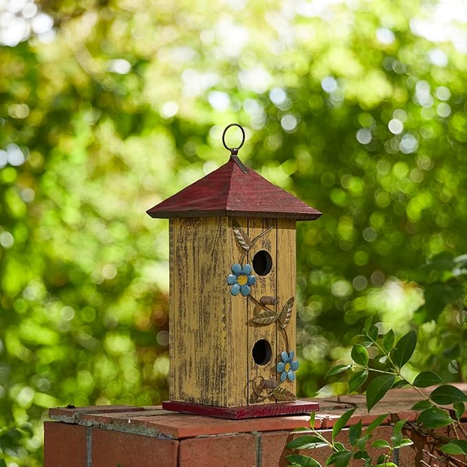 Glitzhome Bird houses for Outside,11.75"H Hand Painted Distressed Wooden Decorative Hanging Bird House for Outdoor Garden Birdhouse with 3D Metal Flower for Swallow Sparrow Hummingbird Finch Cardinals