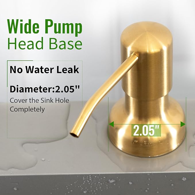 Soap Dispenser for Kitchen Sink, Kitchen Sink Soap Dispenser with 17 OZ Bottle, Refill from The Top Bar, Longer Threaded Shaft Shank, Wide Pump Head Base (Golden)