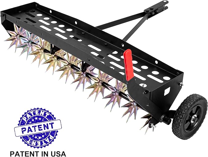 Suchtale 40-Inch Tow Behind Spike Aerator with Galvanized Steel Tines, Durable Lawn Aerator Soil Penetrator Spikes Tractor with Extra-Wide Tow Bar for Lawn and Farm, Black