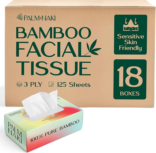 100% Bamboo Facial Tissue | 3-Ply Strong | Lint-Free, Fragrance-Free | Gentle for Sensitive Skin | BPA & PFAS-Free, FSC Certified | 18 Boxes (125 Sheets/Box) | PALM NAKI