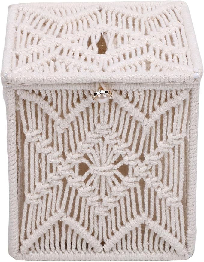 Tissue Box,lace Square Open Tissue Box,Cover Boho Decor Square Holder Woven Macrame Napkin Facial Paper Organizer Home Decor for Bedroom Living Room