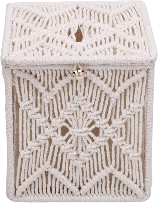 Tissue Box,lace Square Open Tissue Box,Cover Boho Decor Square Holder Woven Macrame Napkin Facial Paper Organizer Home Decor for Bedroom Living Room