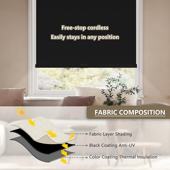 Cordless Blackout Roller Shades Blinds for Windows Free-Stop,Pull Down Room Darkening with Valance,Thermal Insulated Woven Fabric Window Door Blinds for Home,Office,Black 36" W x 72" L