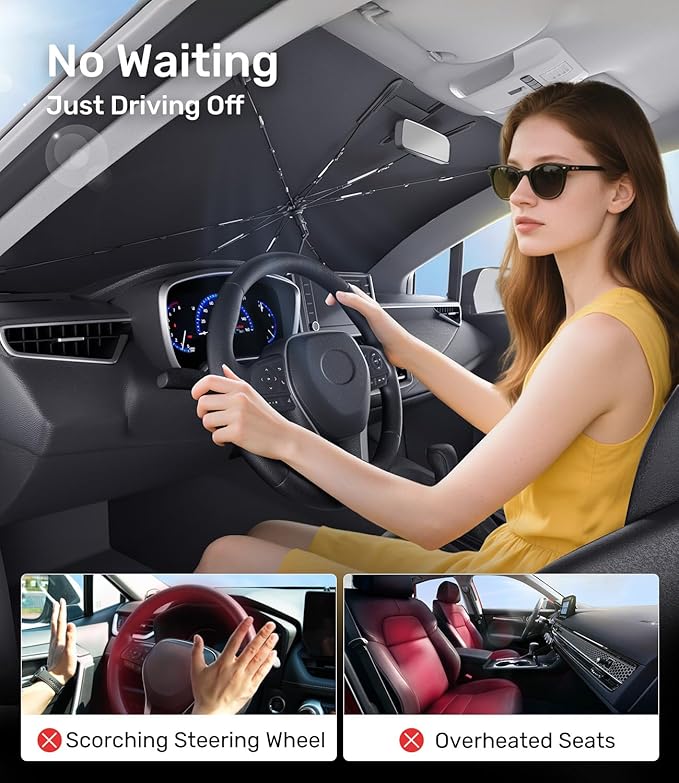Zanch 2025 Upgraded Car Windshield Sun Shade [Cool Down by 75℉ ] with Heat Insulation Coating, Foldable Sunshade Umbrella with Flexible Handle & Ribs, XL (40''x61'') for Super Large SUV, Truck, Van