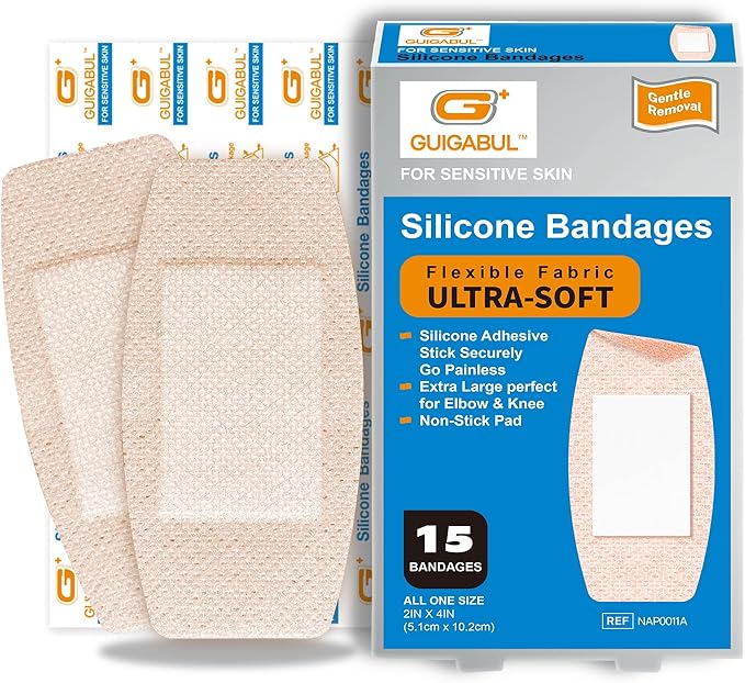 Silicone Adhesive Bandages for Elderly Sensitive Skin - Painless Removal 2''x4'' Extra Large 15 Counts Waterproof and 15 Counts Flexible Fabric Bandages by G+ GUIGABUL - Hypoallergenic - Latex Free