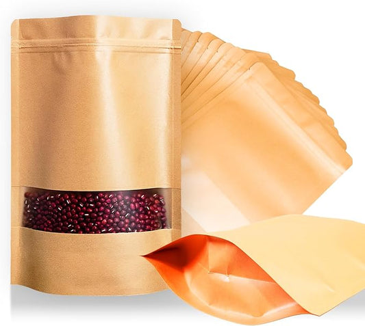 50PCS 10"X14" Kraft Paper Bags with Window,Resealable Small Stand Up Pouches for Food Storage,Reusable Zipper Lock Packaging Bags for Small Business&Personal,Candy,Cookie,Snacks,Tea,Coffee