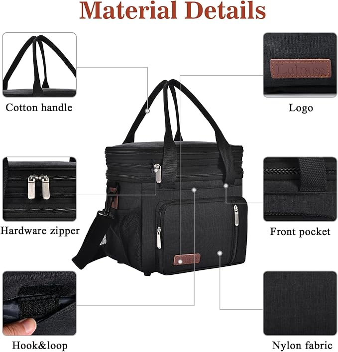 Expandable Lunch Box for Women Men | Adult Lunchbag Cooler Tote Bag with Adjustable Shoulder Strap | Insulated Reusable Womens Lunch Bags for Work Camping Beach | 16L, Black